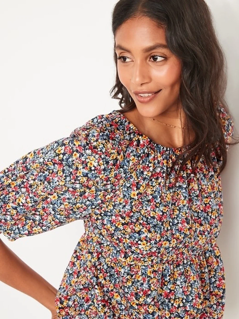 Old Navy Floral Print Puff Sleeve Babydoll Top Blue Multicolor 100% Cotton XL